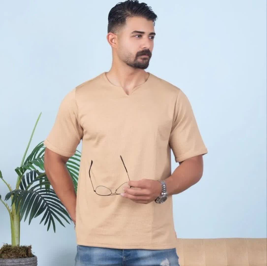 تیشرت یقه کوبایی مدل 3140 رنگ نخودی
